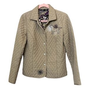 Briggs New York Quilted Jacket Tan Dog Embroidered Dog Lover Coat Medium